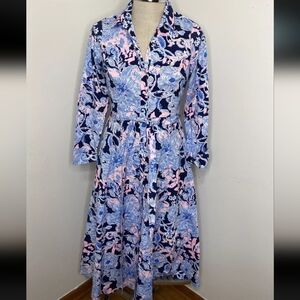 Lilly Pulitzer Shirt Cotton Dress Sz 10 Mira Midi Stretch Blue Pink  Poc…